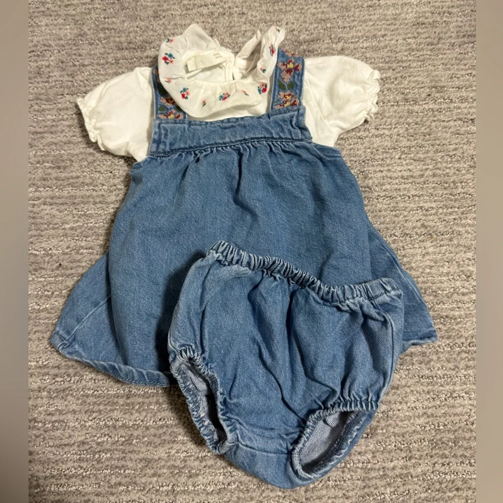 Zara Baby Girl Denim Dress Set 3-6M Floral Collar Shirt Shorts 3 Piece Outfit - Picture 3 of 5